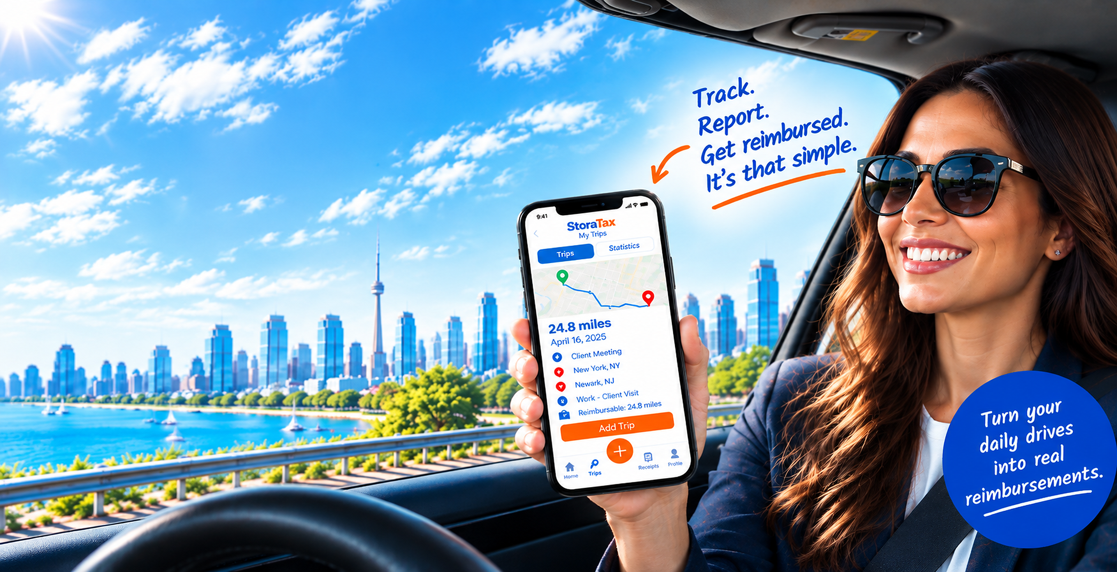 Employee tracking work miles with StoraTax. Track. Report. Get reimbursed. Turn your daily drives into real reimbursements.